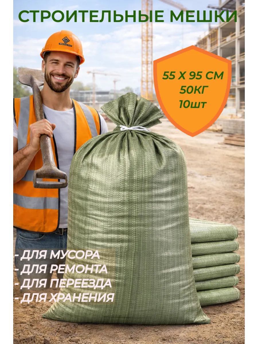 Мешки для строительного мусора 55х95 см (10 штук) зеленые