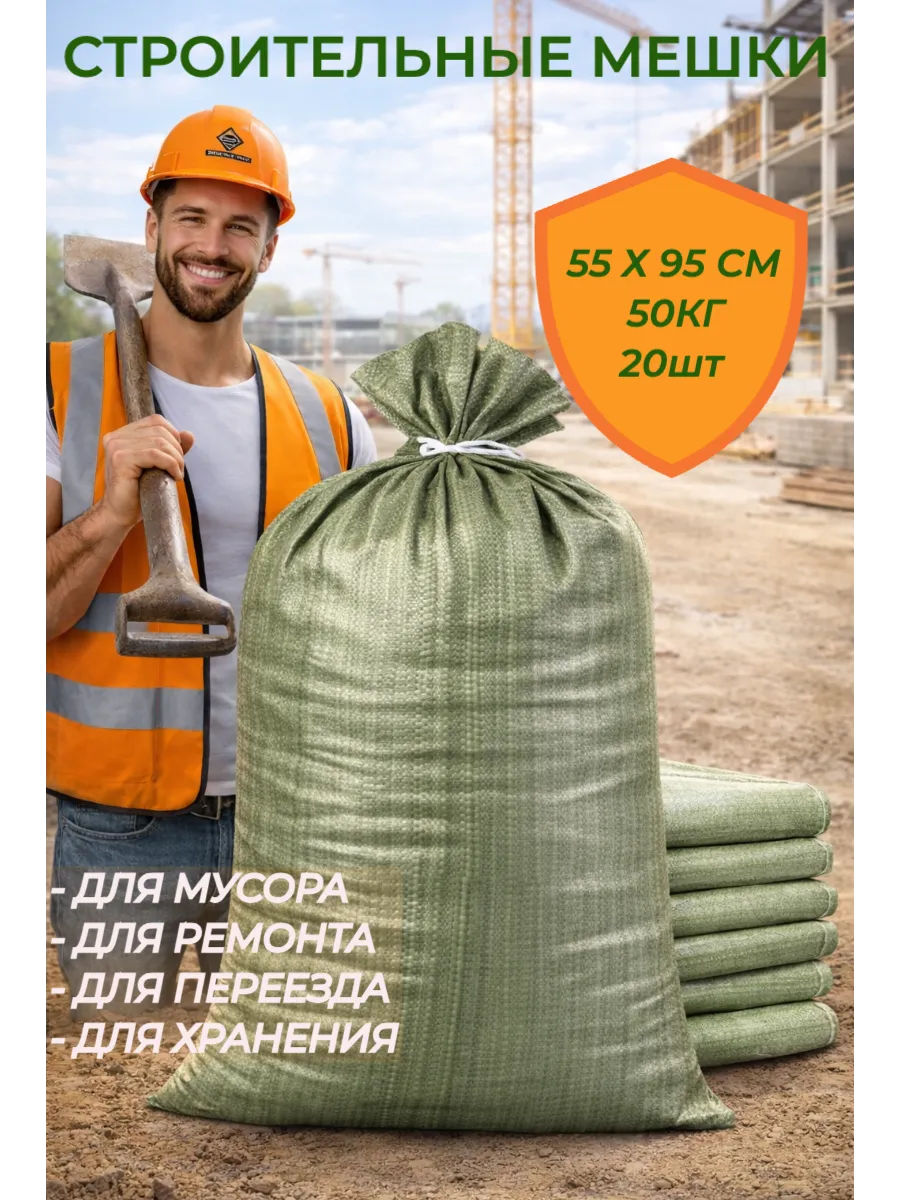 Мешки для строительного мусора 55х95 см (20 штук) зеленые