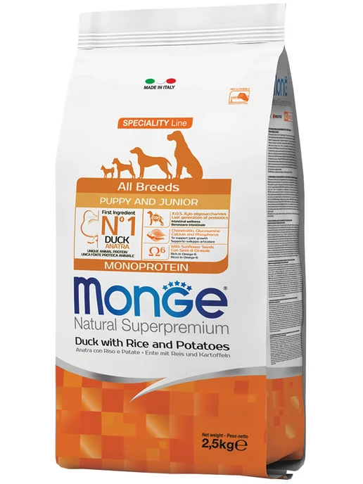Сухой корм MONGE Speciality Monoprotein для собак, щенки, утка, 2,5 кг, фото 2