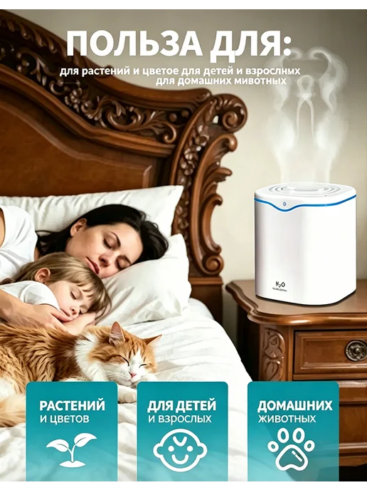 Увлажнитель воздуха для дома бесшумный 2л2сопла свет для сна, белый, фото 3