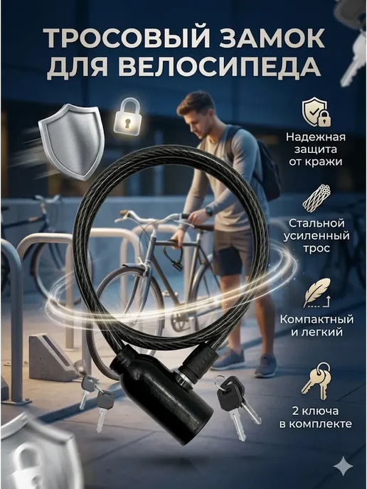 аман07 замок для велосипеда гибкий удобный трос, черный