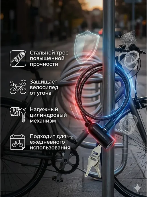 аман07 замок для велосипеда гибкий удобный трос, черный, фото 3