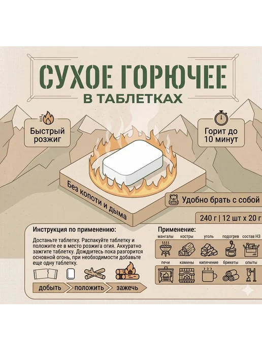 Сухое горючее в таблетках, 12 шт