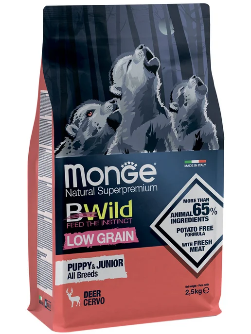 Сухой корм MONGE Bwild Low для собак, щенки, оленина, 2,5 кг, фото 3