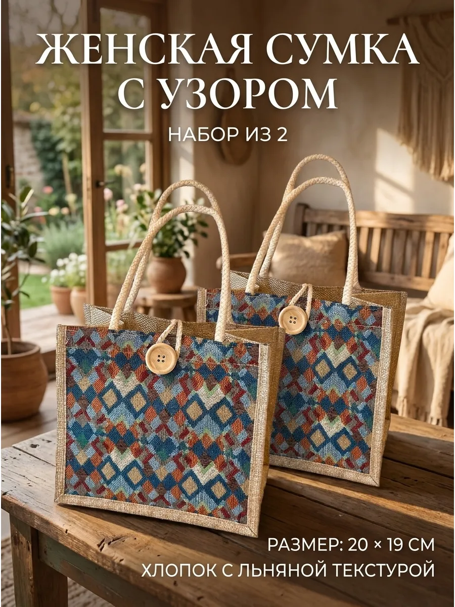 Женская сумка с узором, синяя, 20х19см, 2 шт