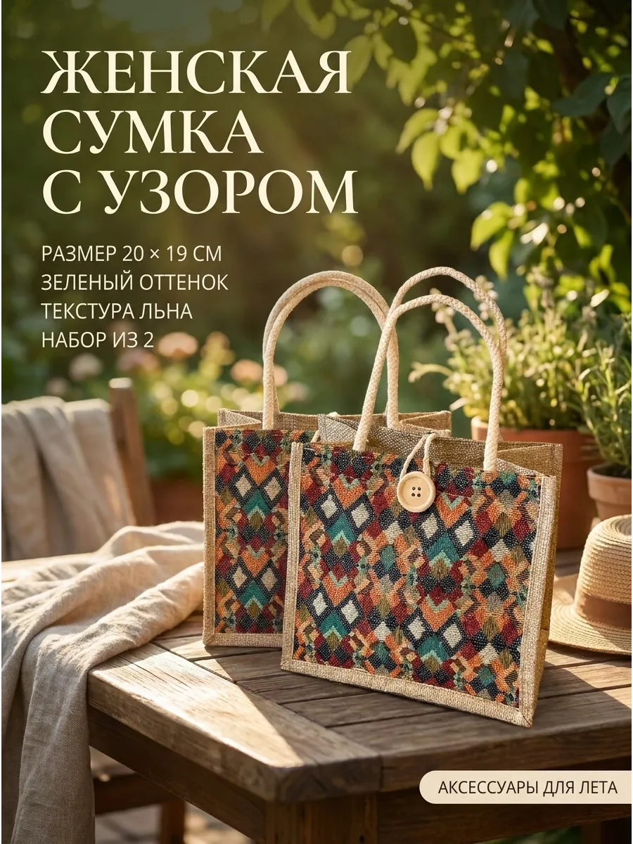 Женская сумка с узором, зеленая, 20х19см, 2 шт