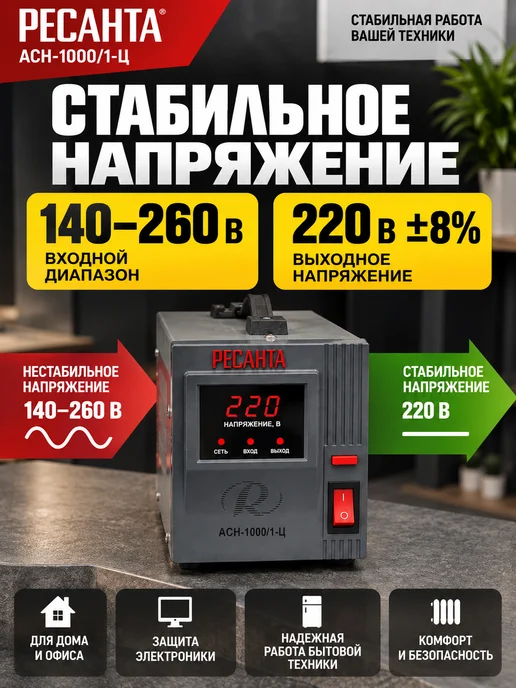 РЕСАНТА Стабилизатор напряжения АСН-1 000 1-Ц, вариант, фото 2
