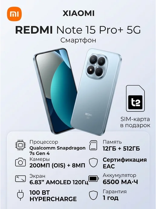 Смартфон Xiaomi Redmi Note 15 Pro Plus 12/512 ГБ, синий