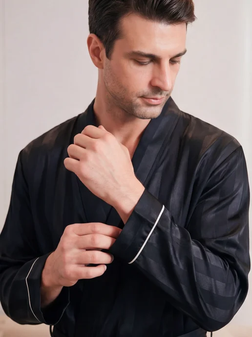 Moolmeyno Шелковый халат большого размера, черный, фото 7