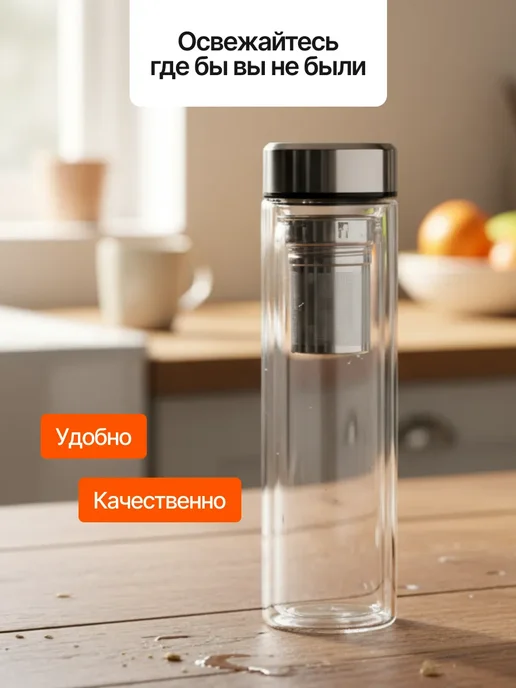 KAMILLE Бутылка для чая с заварником и двойными стенками 450 мл, белый, фото 8