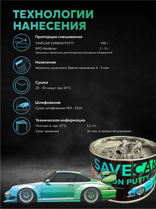 Save Car Шпатлевка для авто с карбоновым волокном CARBON PUTTY, черный, в упаковке 1,1 кг, фото 3