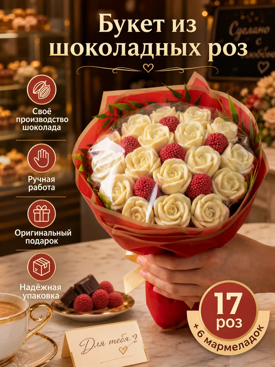 Съедобный новогодний букет из 17 шоколадных роз и мармелада