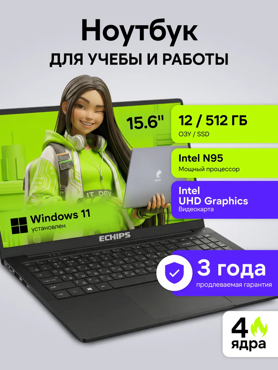 Ноутбук для работы и учебы 15,6" 12/512 GB