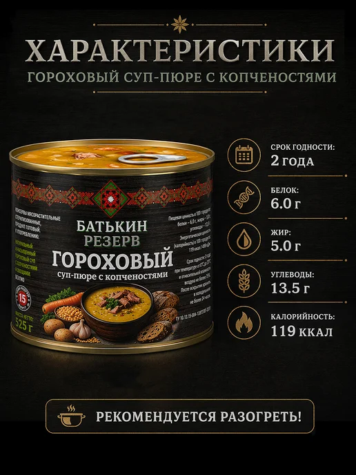 Батькин Резерв Гороховый суп-пюре с копченостями 525г х 2 шт, 525 г, 1 шт, фото 2