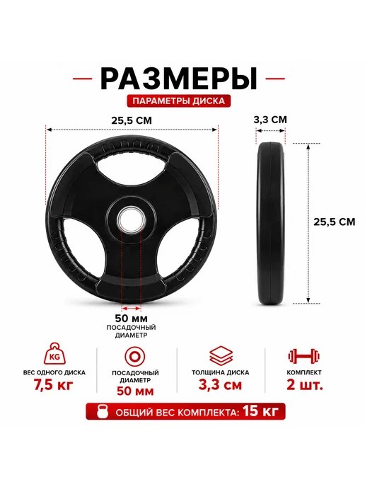 Блины для штанги D=50мм. (7.5+7.5кг), 7,5 кг, фото 2