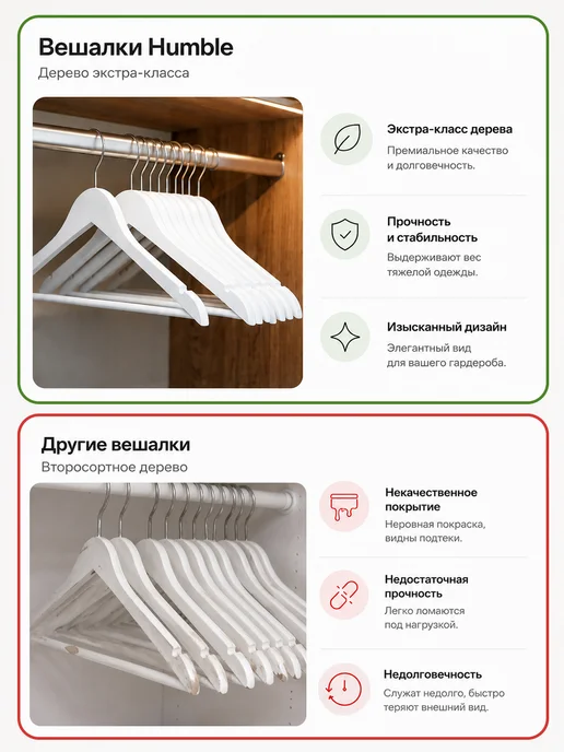 HUMBLE Вешалки плечики для одежды деревянные набор 10 шт, 10 шт, фото 3