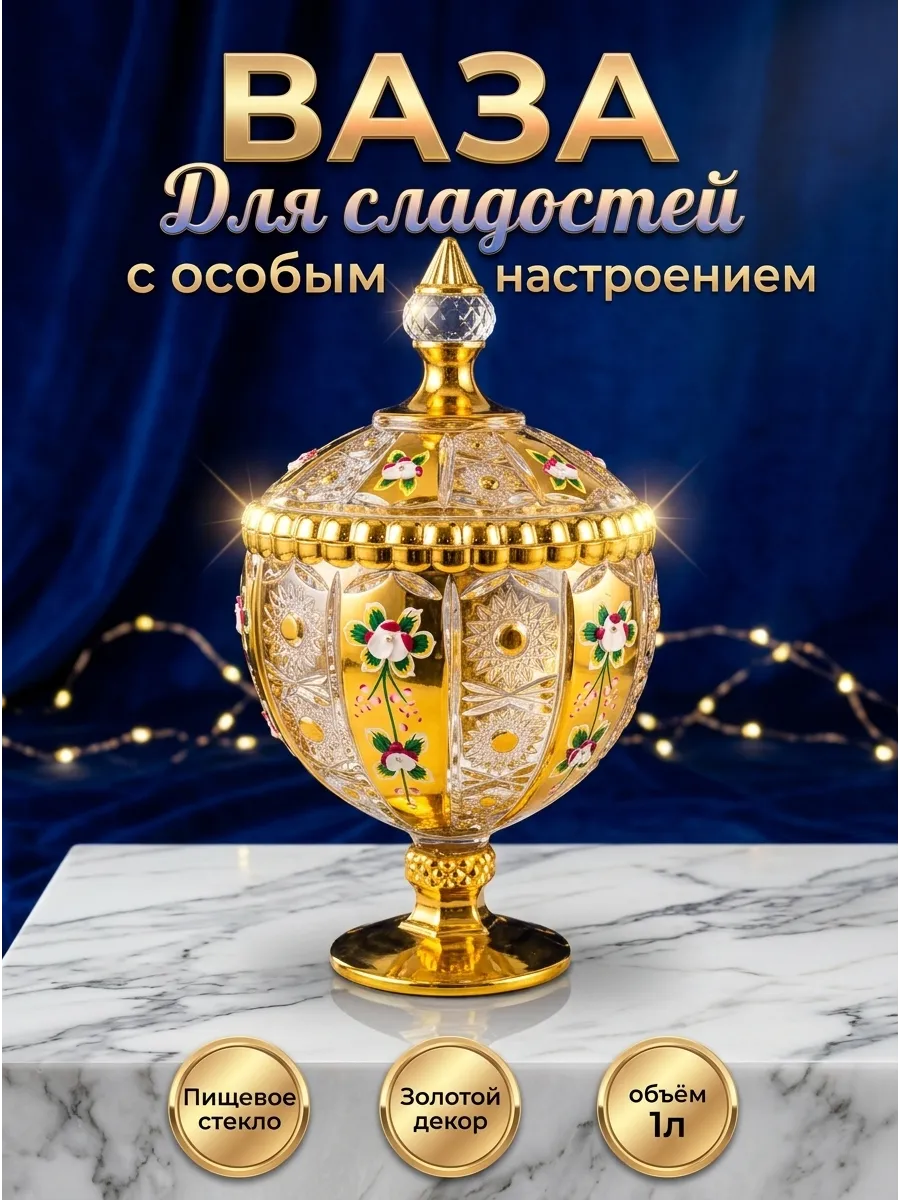 Ваза конфетница золотая с крышкой красивая подарочная