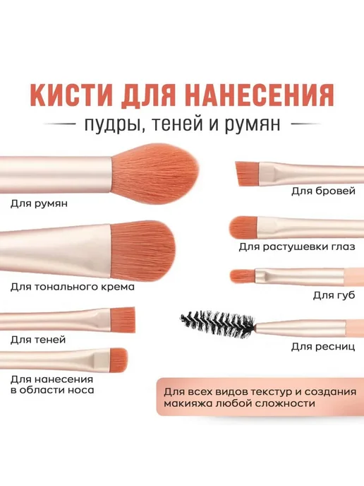 Набор розовых кистей для макияжа 8 шт профессиональный, синт, 8 шт, фото 4