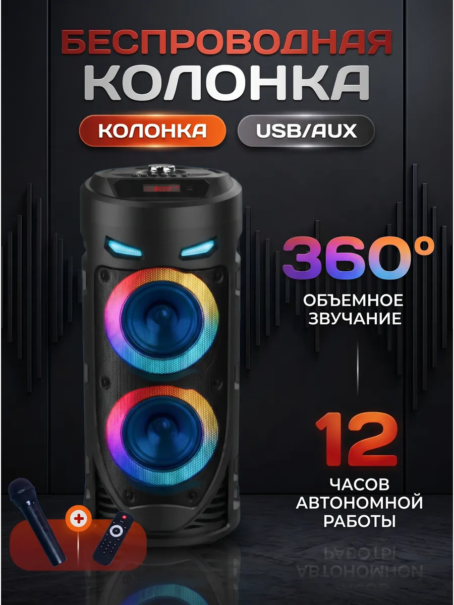 Колонка для вечеринки в офис мощная с микрофоном