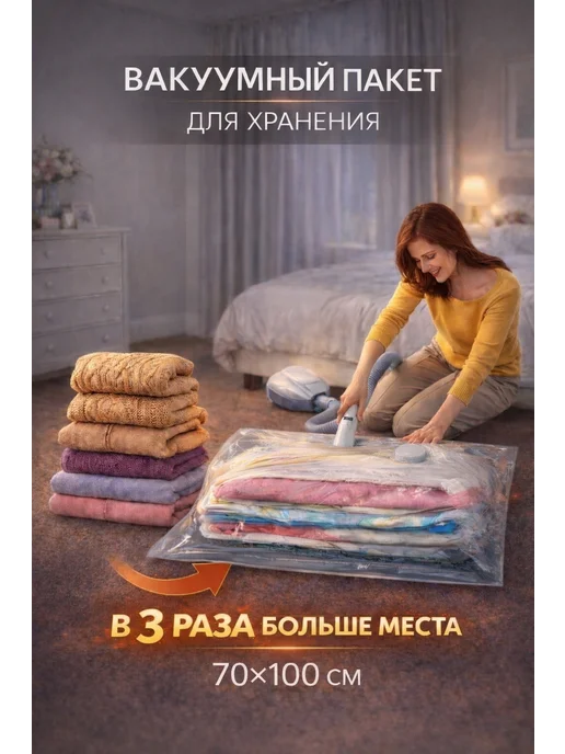 Пакет вакуумный 70×100 см для хранения одежды экономия места, 70x100 см