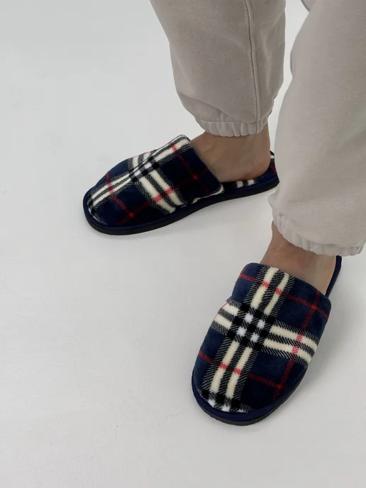 TAP MODA Тапочки домашние в клетку облегчённые закрытые подошва 9мм, синий, фото 2