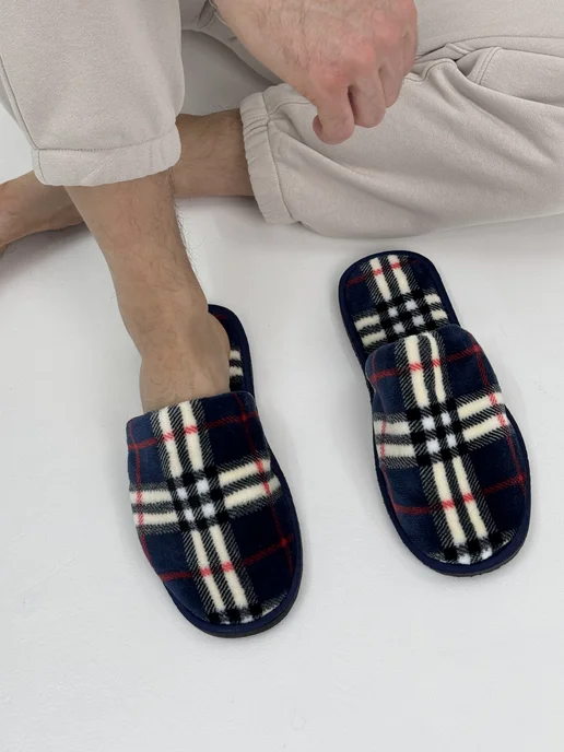 TAP MODA Тапочки домашние в клетку облегчённые закрытые подошва 9мм, синий, фото 3