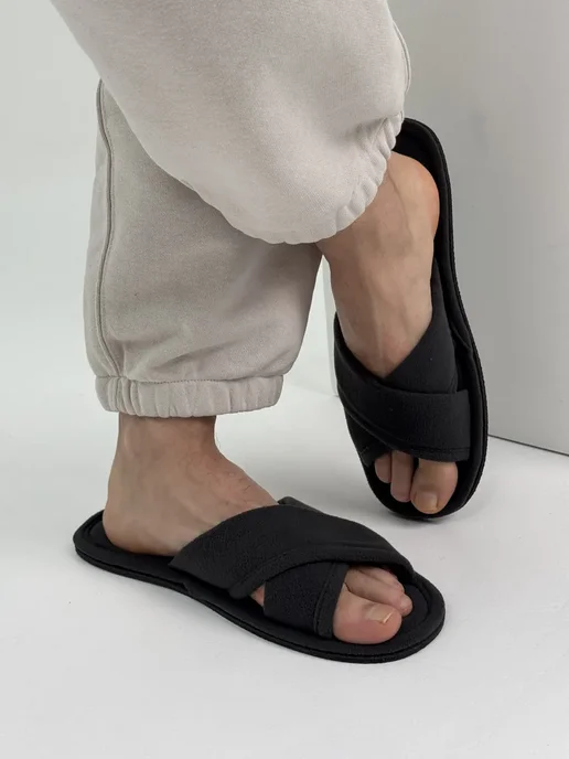 TapModa Тапочки мужские открытые из флиса, серый, фото 2