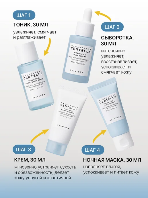 SKIN1004 Набор увлажняющих миниатюр для лица Hyalu-Cica Travel Kit, голубой, фото 3