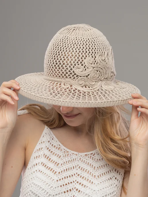 JASHAR TEXTILE Шляпа летняя ажурная с широкими полями пляжная, бежевый, фото 7