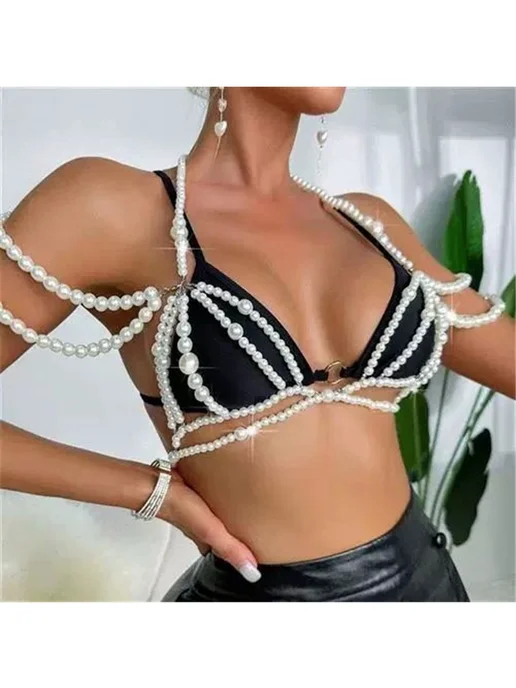 Цепь для тела с жемчугом интимный декоративный топ, белый, фото 4
