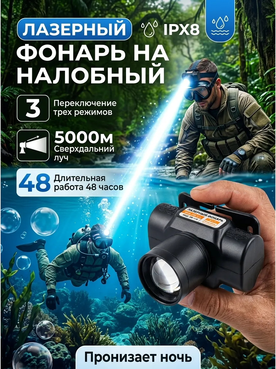 Фонарик налобный лазерный дальнобойный 3 режима