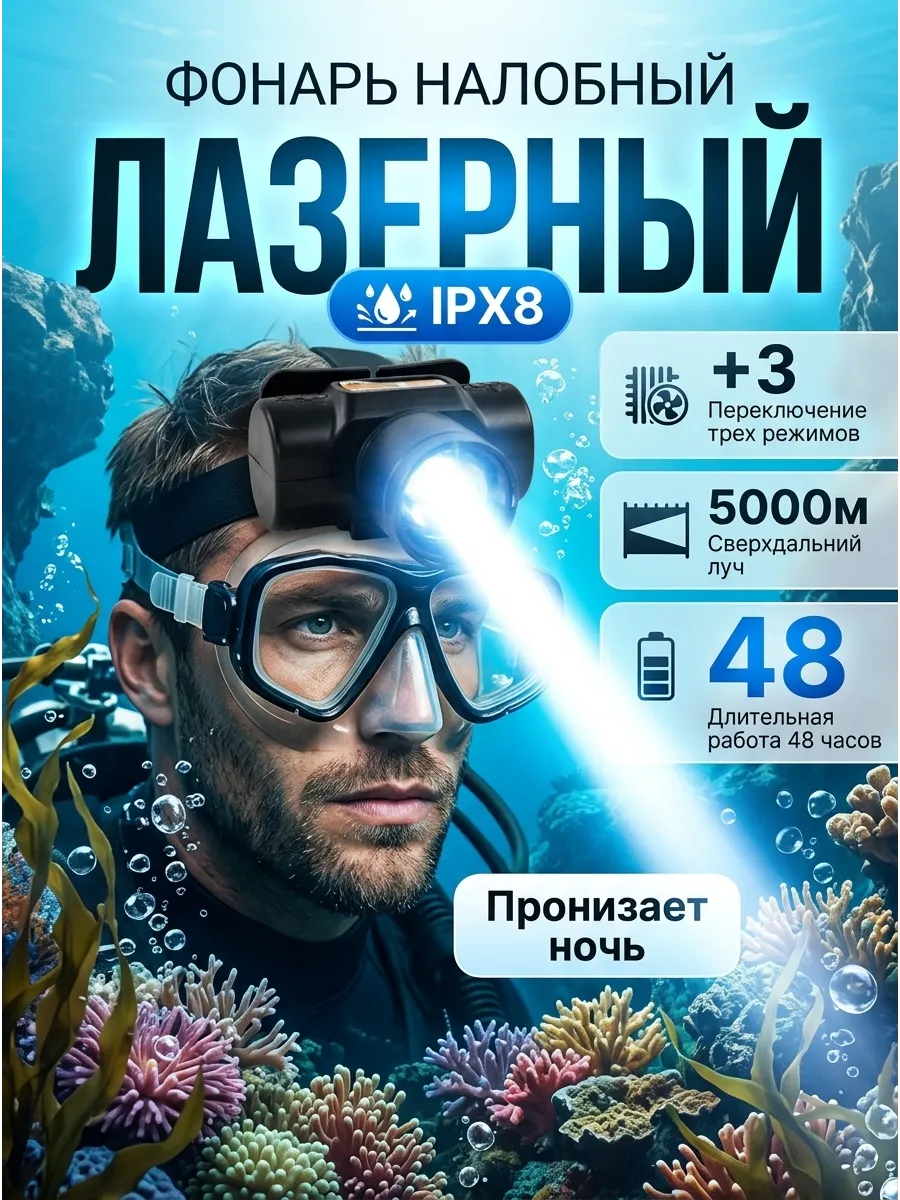 Фонарик налобный лазерный IPX8 48 ч долгий