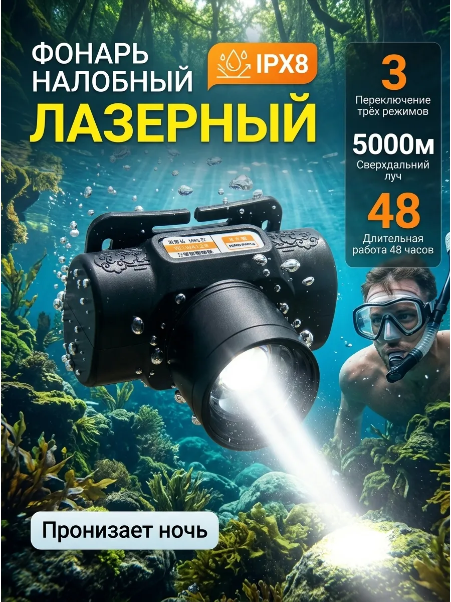 Фонарик налобный с широким лучом и лазером