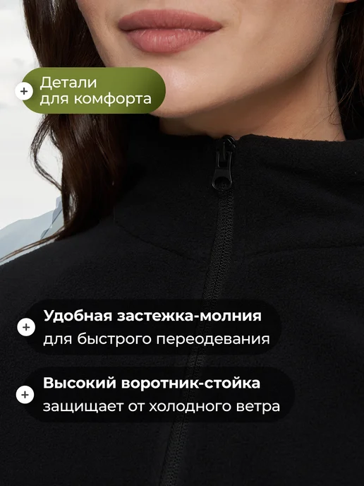 De Mount Толстовка женская флисовая на молнии приталенная черная, черный, фото 7