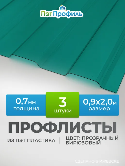 ПЭТПРОФИЛЬ Прозрачно-бирюзовый профлист ПЭТ профнастил 3 шт, 3 шт