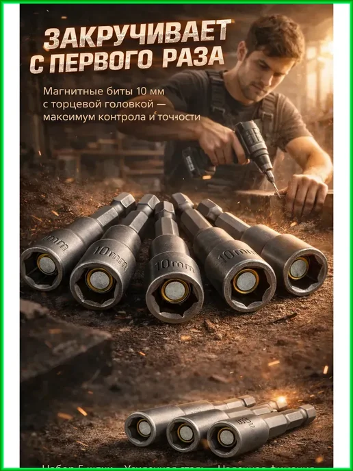 гаму06 Набор магнитных бит с торцевой головкой 10 мм, 5 шт, 5 шт