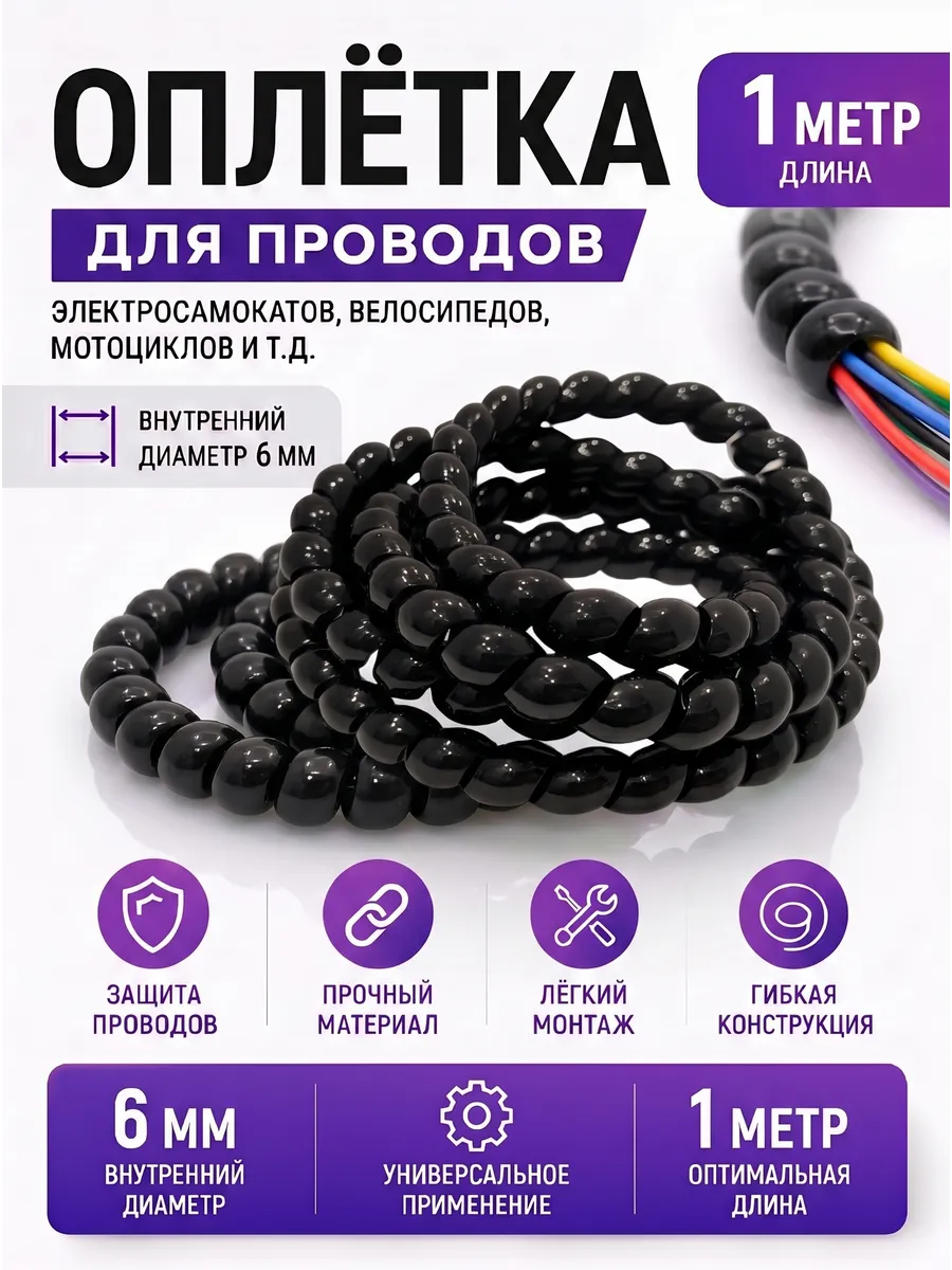 Оплётка кабельная для проводов электросамоката, черная 1 м.