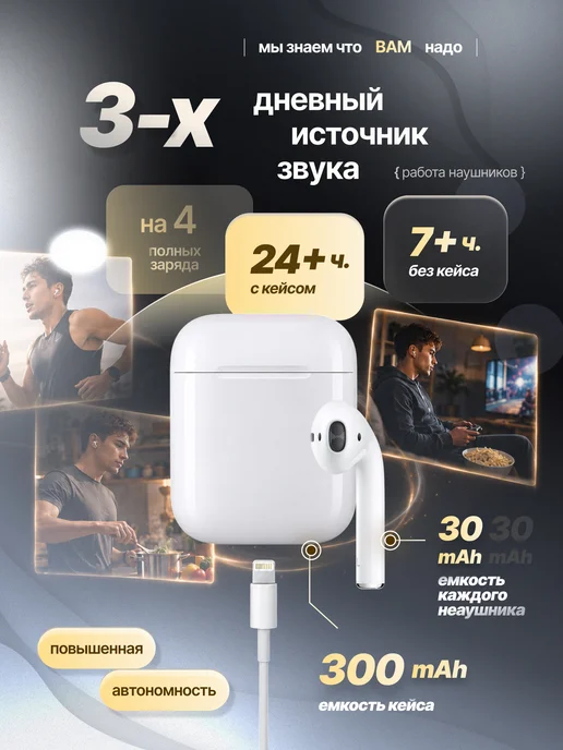 BASSION Наушники беспроводные для телефона маленькие с чехлом, белый, фото 3