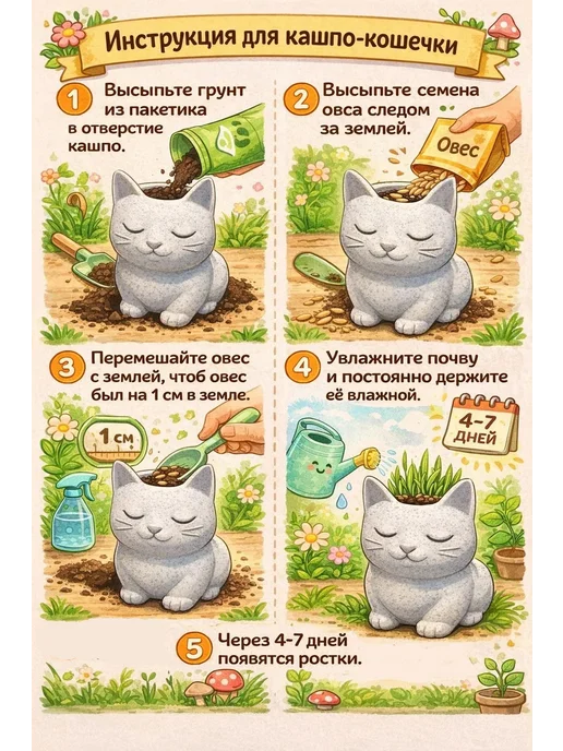 Sweet hobby Кашпо с зеленью для выращивания белая кошка, черный, фото 4