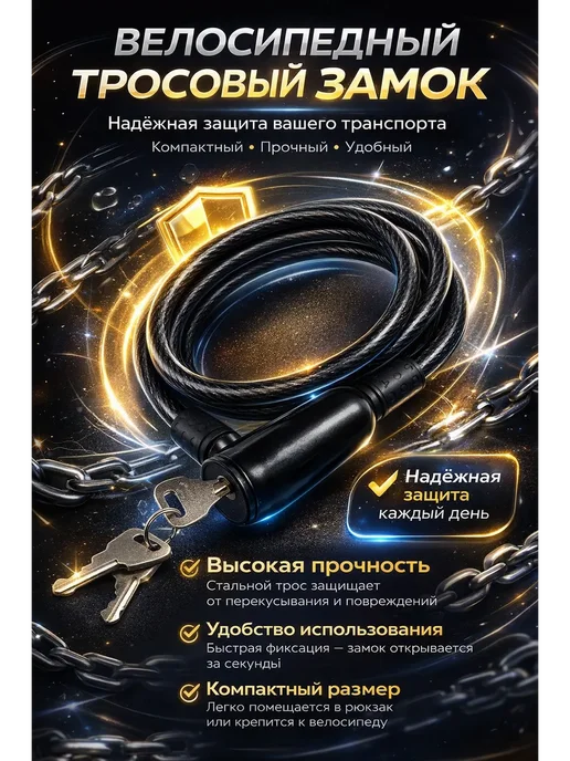 Эну1 Велосипедный тросовый замок с ключом, черный, фото 2