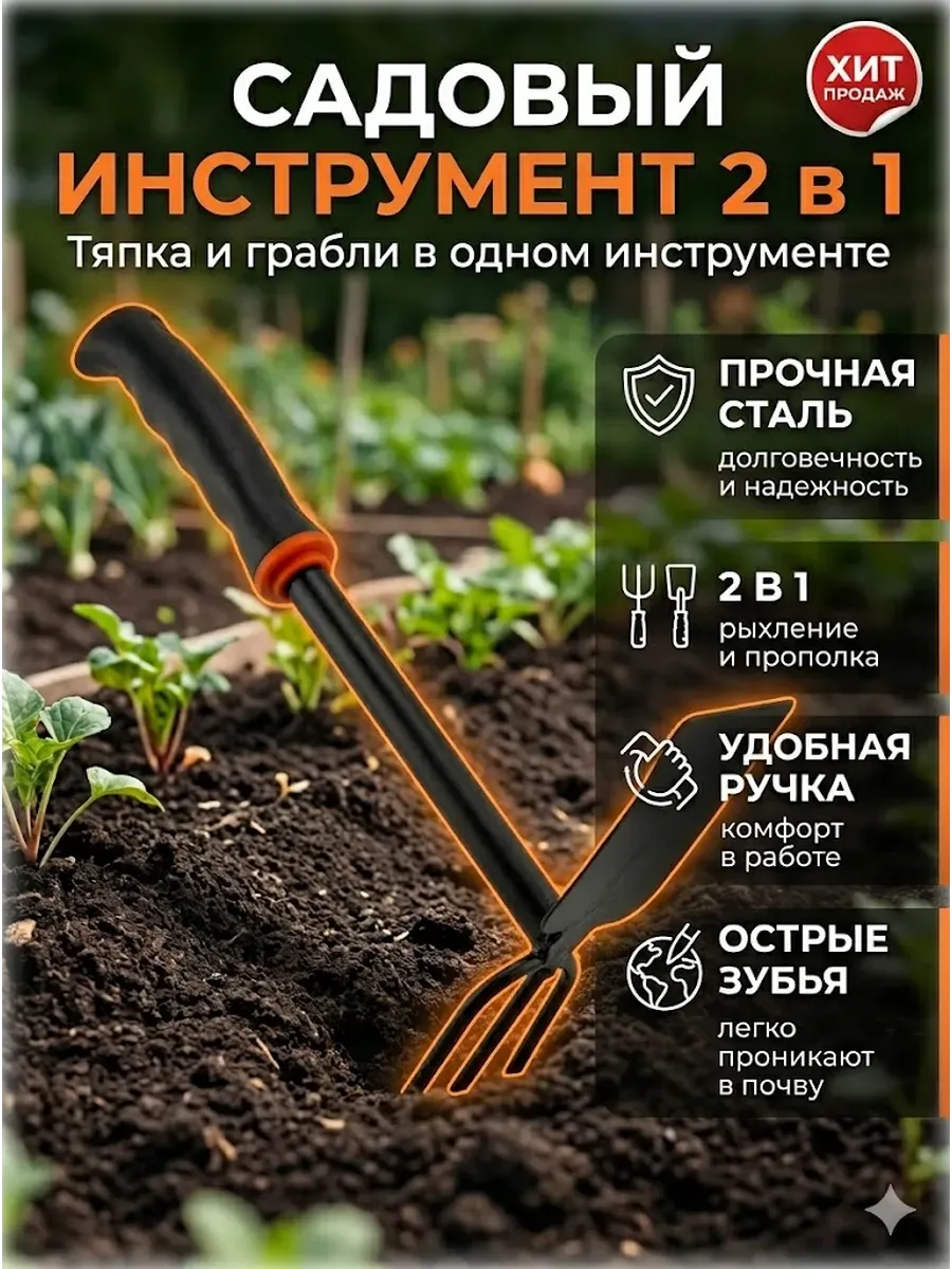 Садовый инструмент 2в1 тяпка и грабли ручные