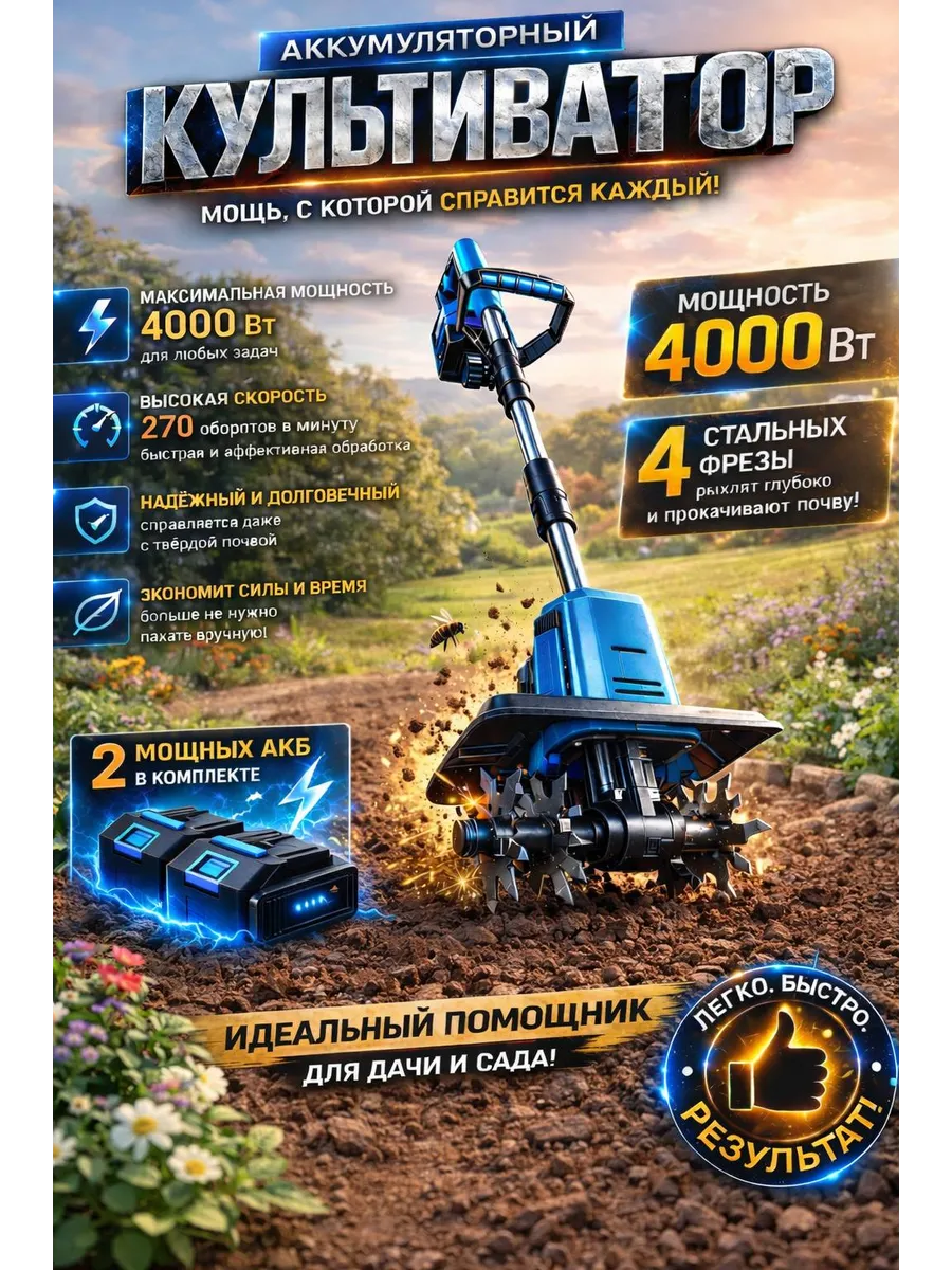 Культиватор аккумуляторный бесщеточный мощный 4 НОЖА