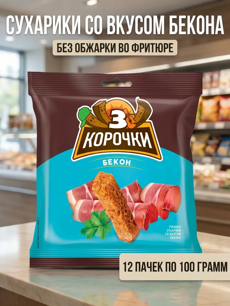 Сухарики со вкусом бекона, 12 пачек по 100 грамм