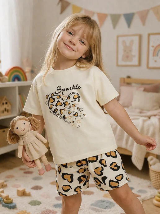 Barabulya-Kids Костюм двойка детский футболка и шорты в садик, розовый, фото 2