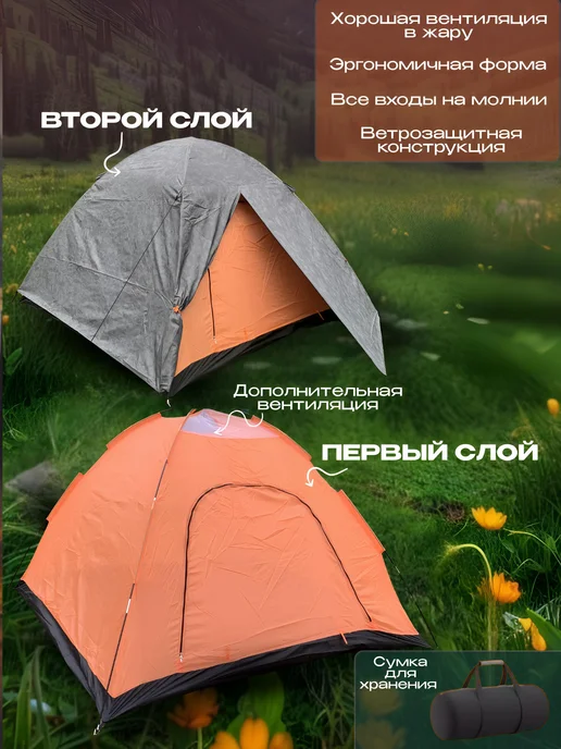AsRas Палатка туристическая 4 местная водонепроницаемая, с навесом 2-местная, фото 2