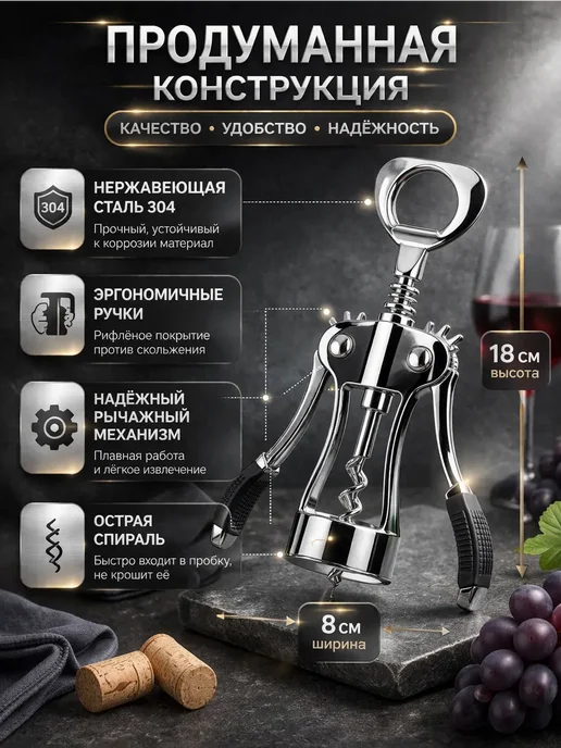 ЭМИЛИЯ07 Штопор для вина металлический рычажный, черный, фото 2