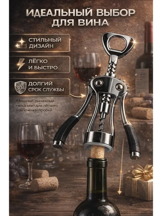ЭМИЛИЯ07 Штопор для вина металлический рычажный, черный, фото 3