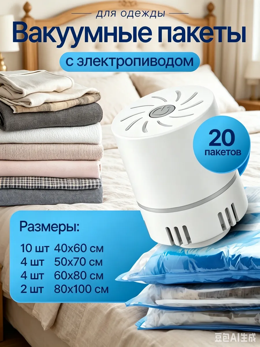 Вакуумные пакеты с электрическим насосом для одежды 20 шт