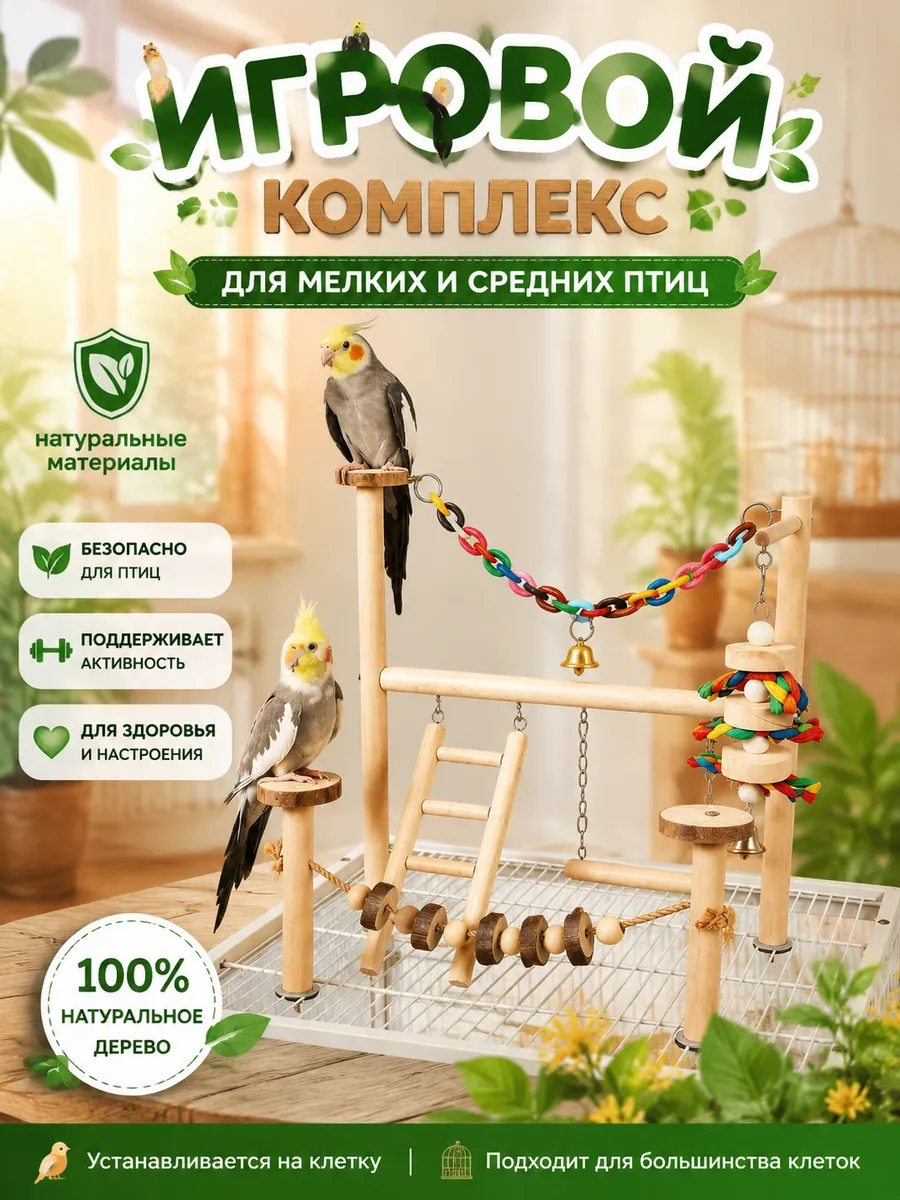 Набор деревянных развивающих игрушек для попугаев и птиц