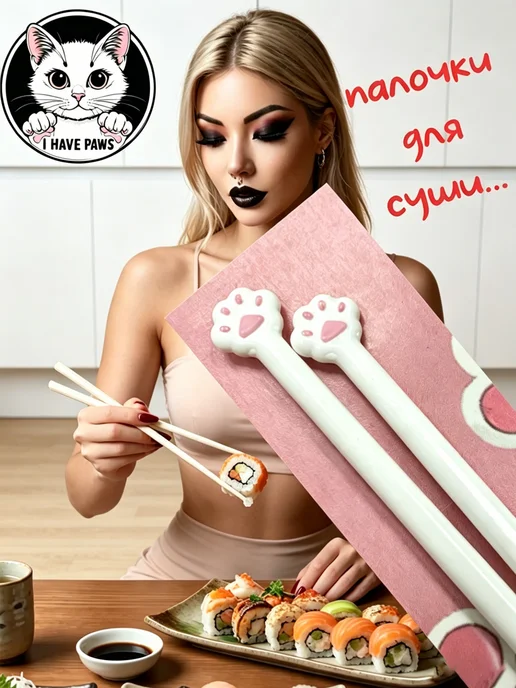 Многоразовые палочки кошачьи лапки для еды суши и роллов, белый